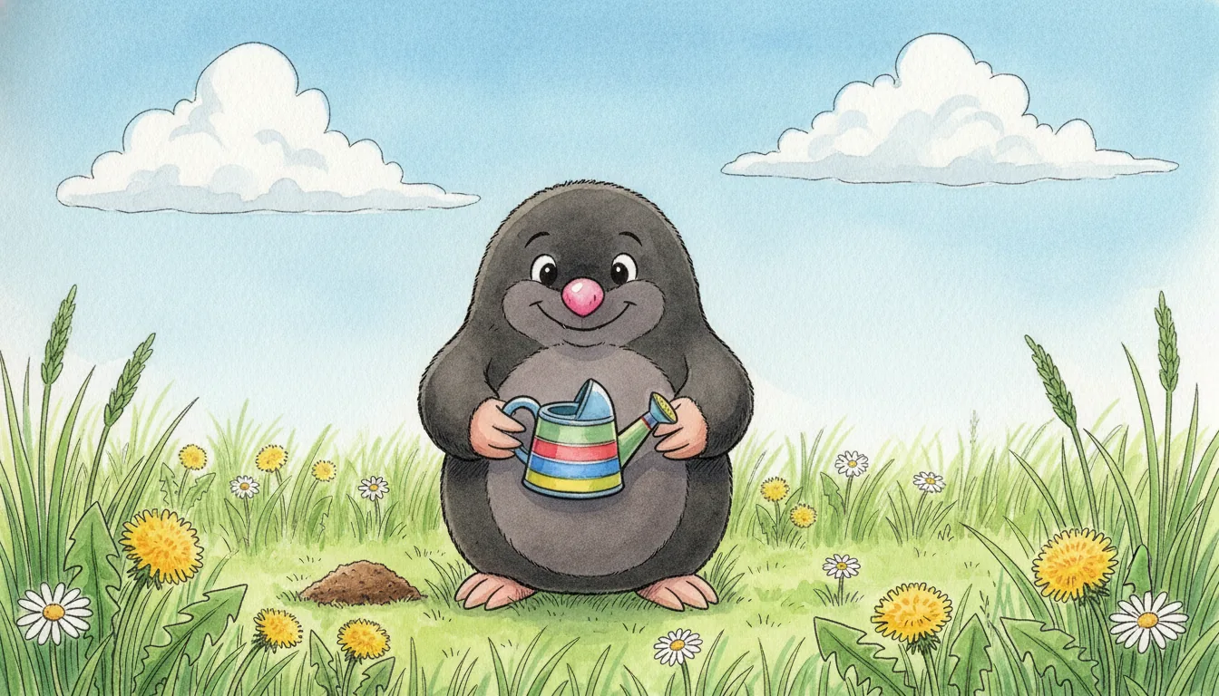 Plüsch-Maulwurf als Aquarell-Held auf einer Frühlingswiese mit einer kleinen Gießkanne