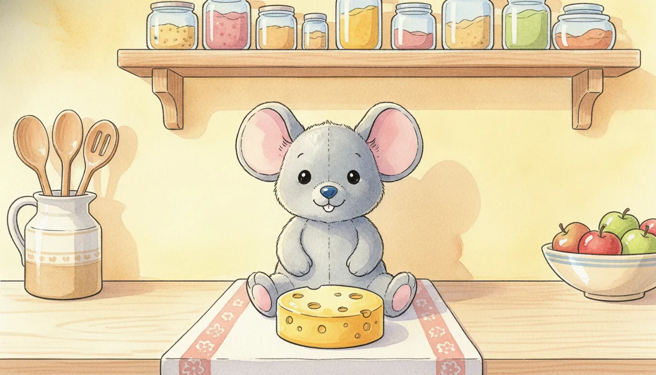 Plüsch-Maus sitzt mit einem Stück Käse auf einem gemütlichen Küchentisch, Aquarell-Illustration