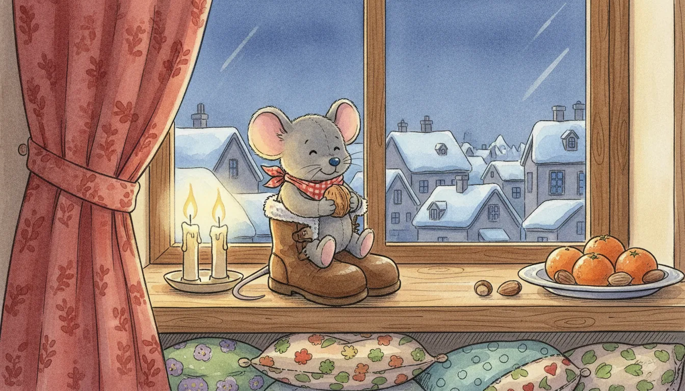 Plüsch-Maus sitzt bei Kerzenlicht in einem Kinderstiefel, Aquarell-Illustration