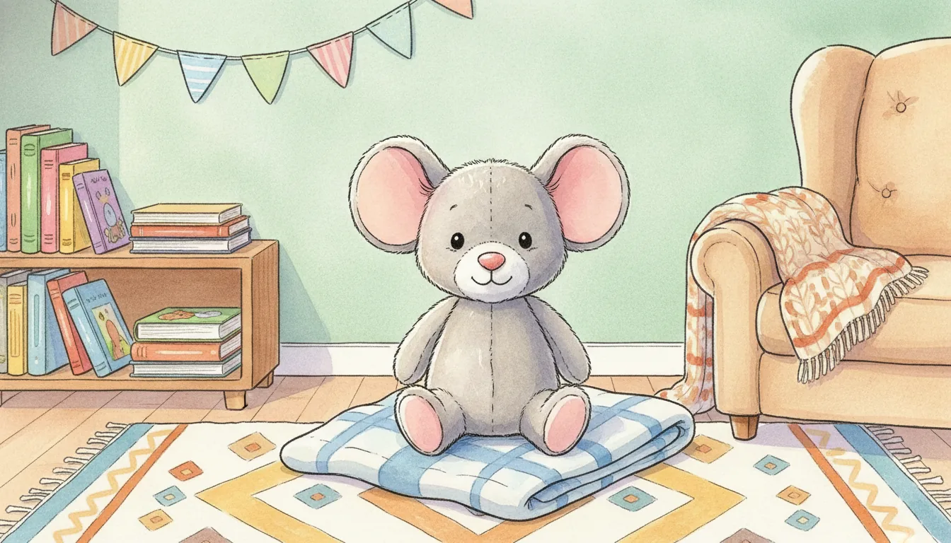 Plüsch-Maus als Aquarell-Held sitzend auf einer Decke im Kinderzimmer