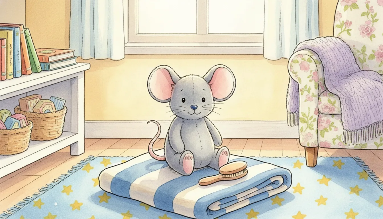 Plüsch-Maus als Aquarell-Held auf einer weichen Decke im Kinderzimmer, daneben eine weiche Bürste