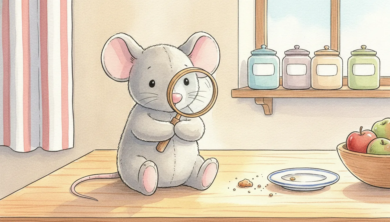 Graue Plüsch-Maus hält mit beiden Vorderpfoten eine runde Lupe und sitzt auf einem hellen Küchentisch neben einer Krümelspur, Aquarell-Illustration