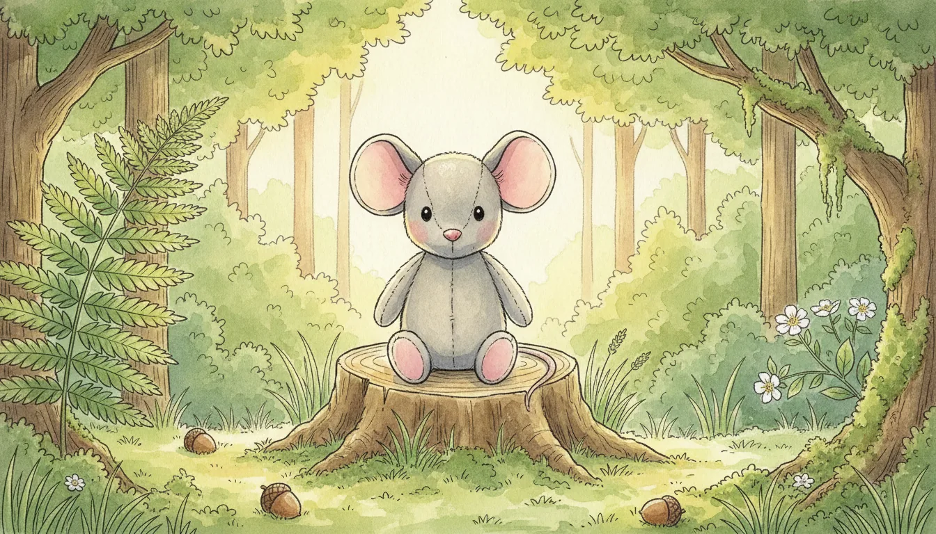 Plüsch-Maus sitzt auf einem niedrigen Baumstamm in einer sonnigen Waldlichtung, Aquarell-Illustration