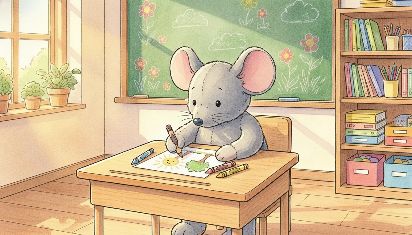 Stoffmaus sitzt an einem Schulpult und malt mit Buntstiften, Aquarell-Illustration