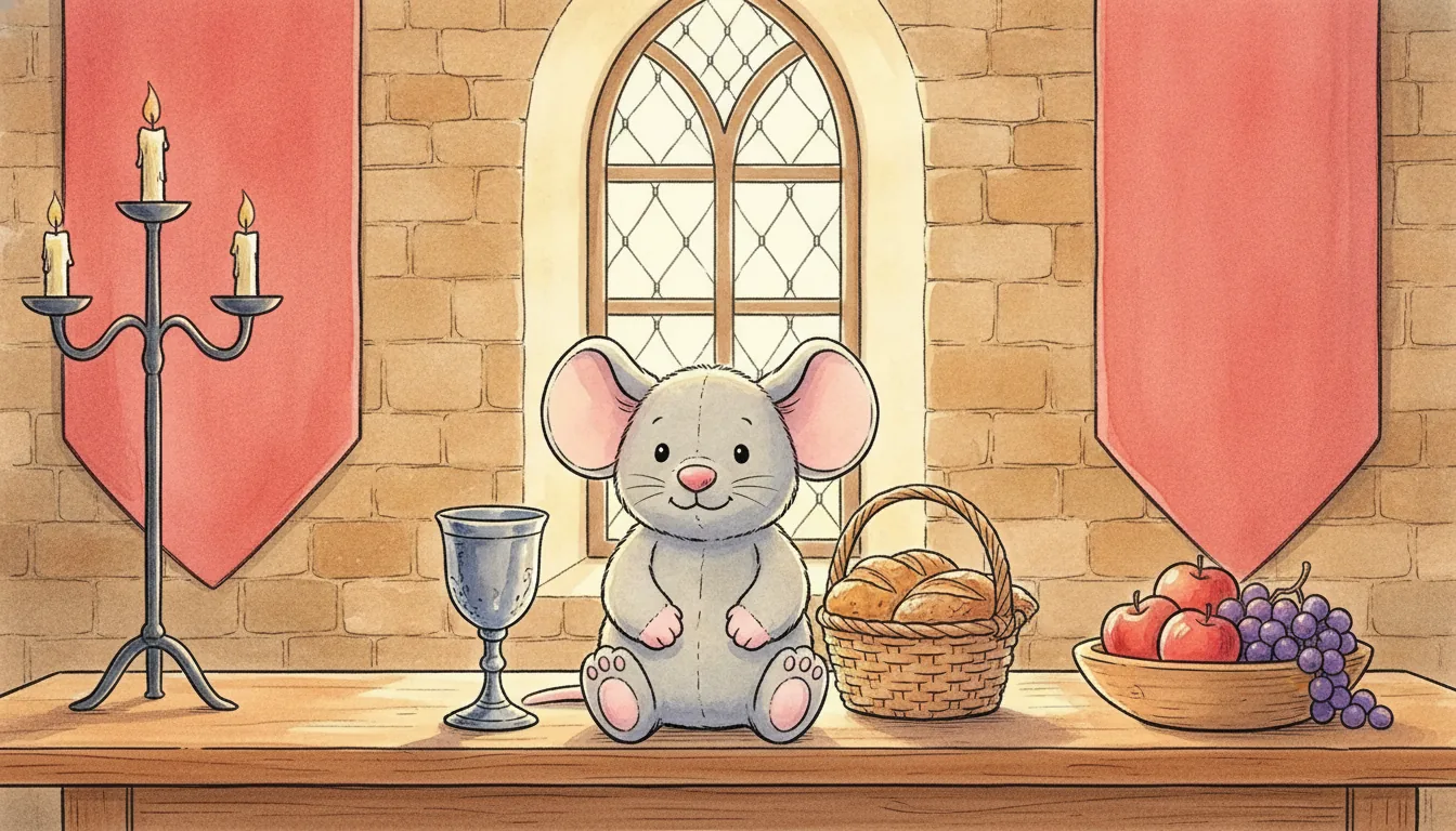 Graue Plüsch-Maus sitzt beim Ritterschmaus auf einem langen Holztisch im Rittersaal, Aquarell-Illustration