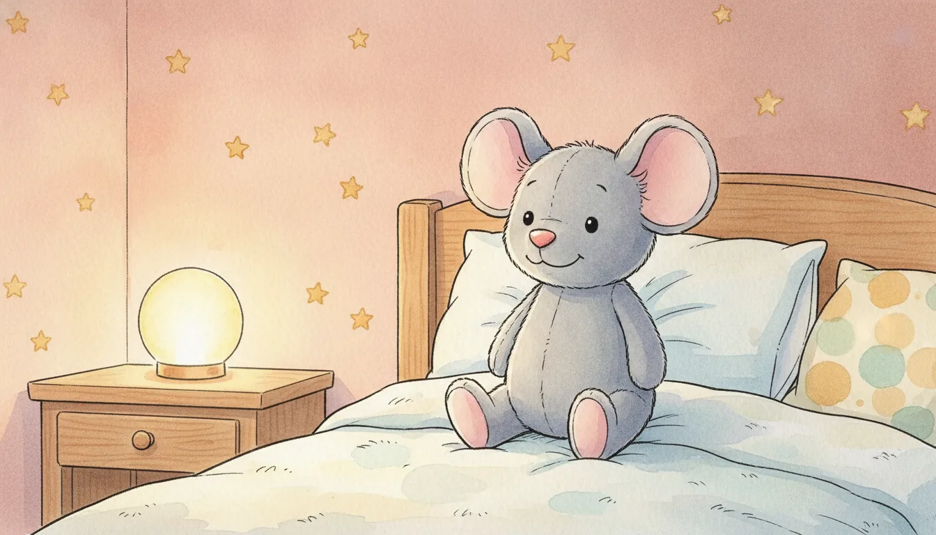 Graue Plüsch-Maus sitzt auf einem Kinderbett neben einem warmen Nachtlicht, Aquarell-Illustration