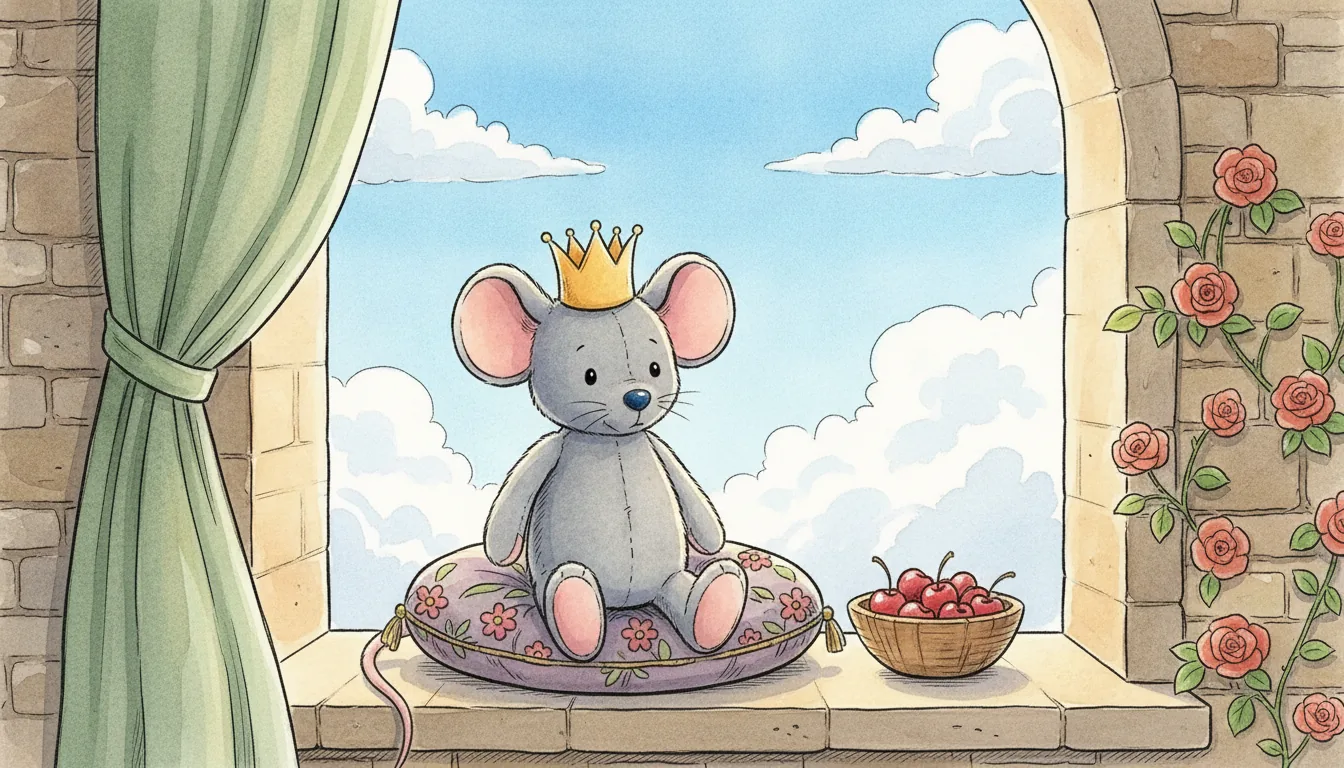 Plüsch-Maus mit schlichter Stoffkrone sitzt auf einem Kissen in einem sonnigen Burgfenster, Aquarell-Illustration