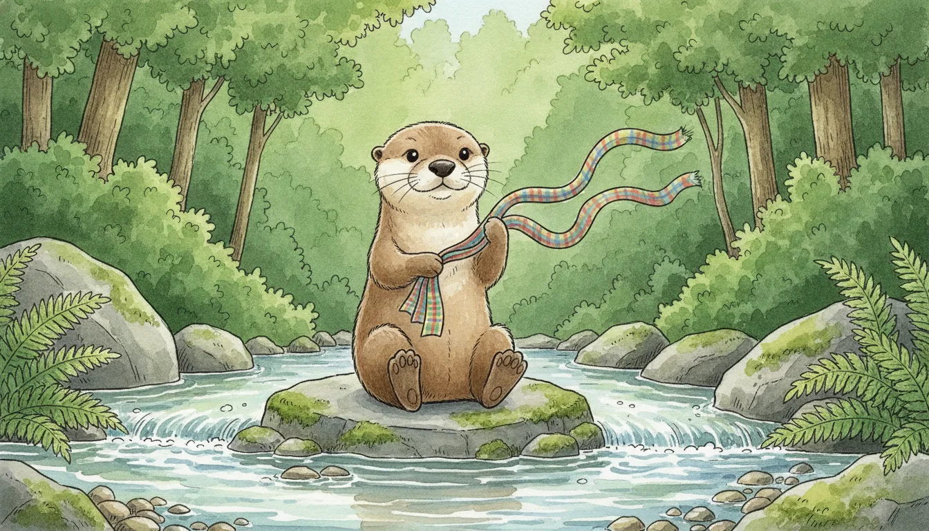 Plüsch-Otter als Aquarell-Held am Bachufer mit einem bunten Band in den Pfoten