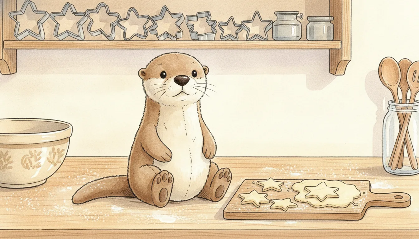 Plüsch-Otter sitzt beim Plätzchenbacken neben ausgestochenen Teigsternen, Aquarell-Illustration
