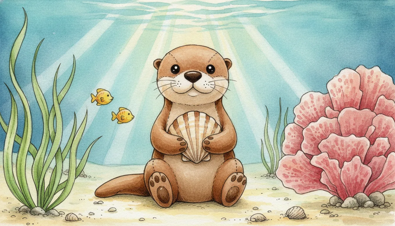 Plüsch-Otter sitzt mit einer Muschel in den Vorderpfoten auf hellem Sandboden zwischen Seegras, Aquarell-Illustration