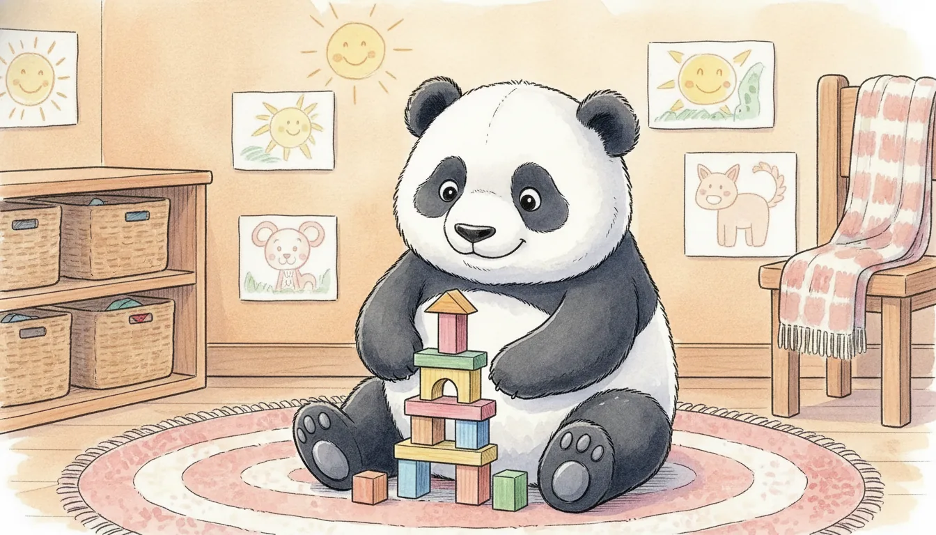 Plüsch-Panda als Aquarell-Held in einer gemütlichen Spielecke mit Bauklötzen