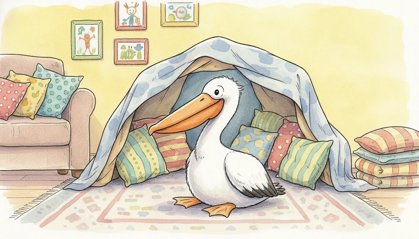 Plüsch-Pelikan als Held einer Aquarell-Illustration