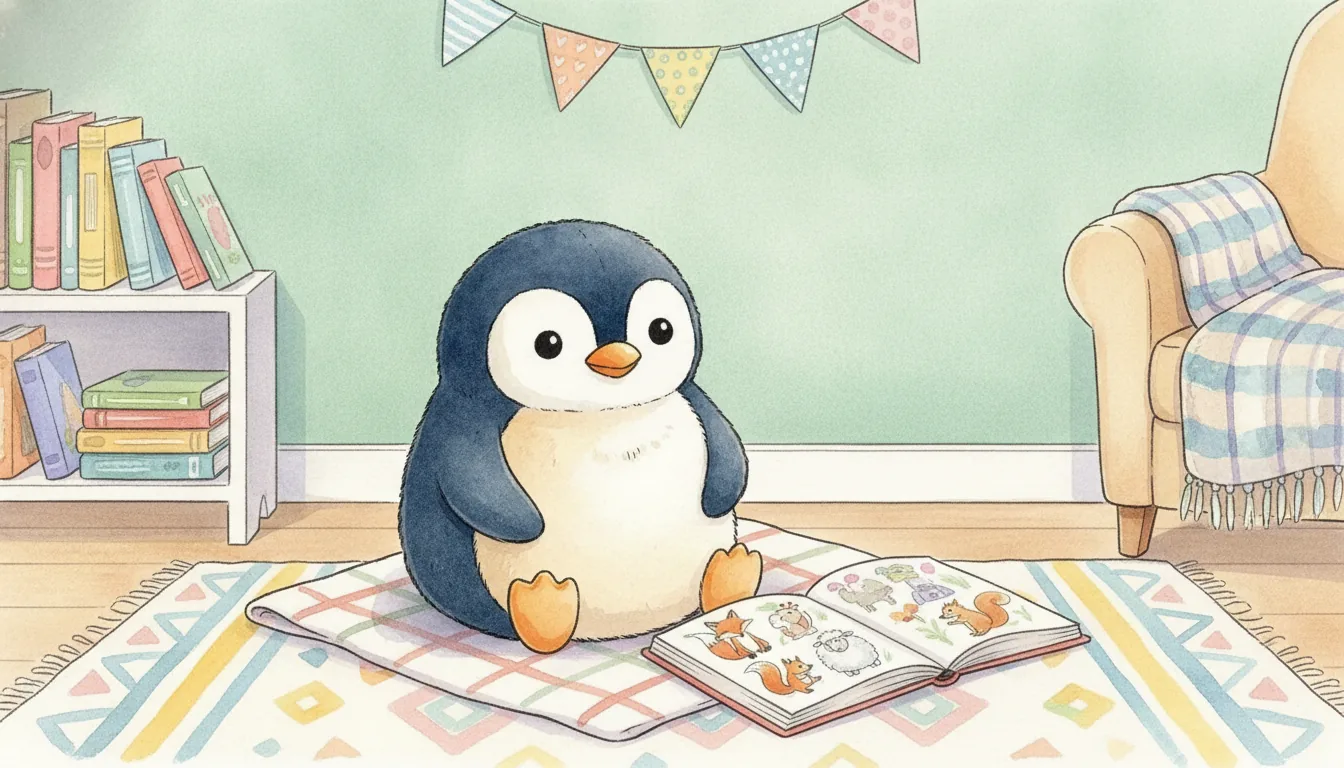 Plüsch-Pinguin als Aquarell-Held sitzend auf einer Decke im Kinderzimmer