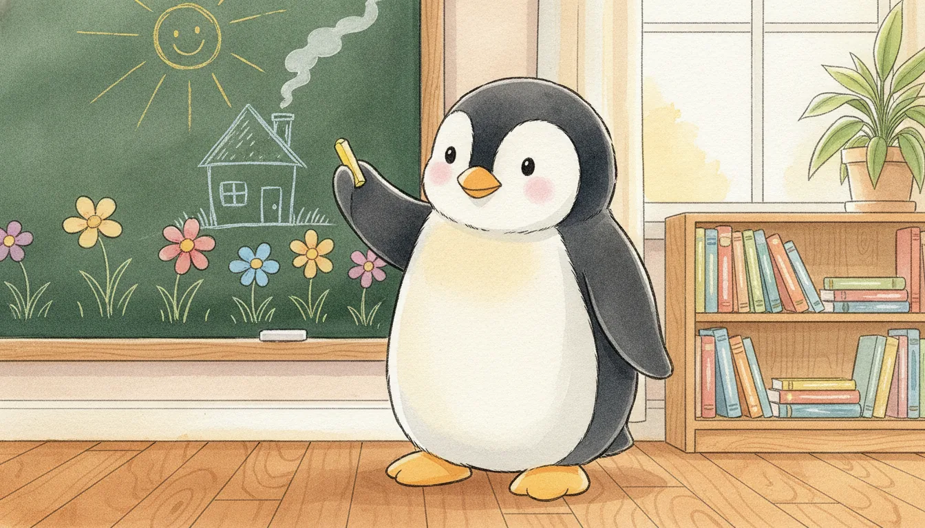 Plüsch-Pinguin malt mit bunter Kreide an der Schultafel, Aquarell-Illustration