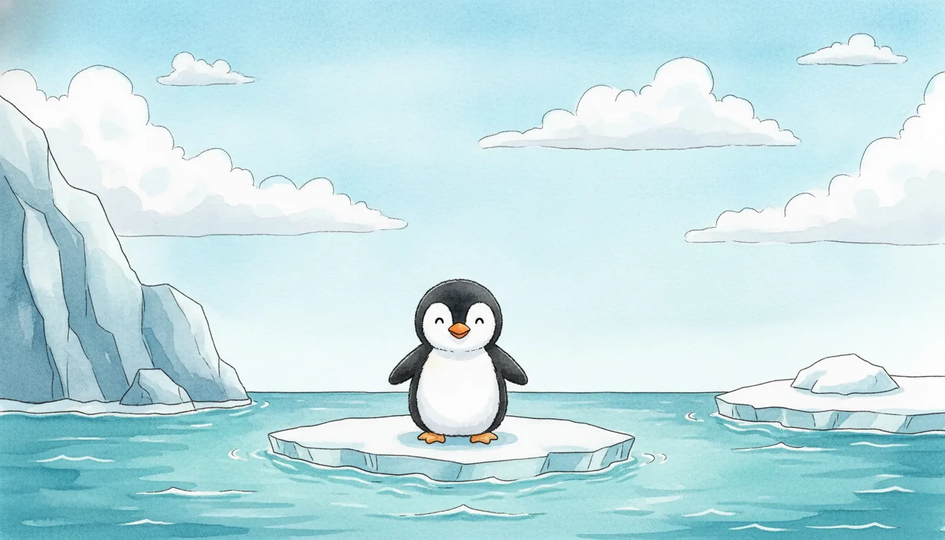 Plüsch-Pinguin als Aquarell-Held auf einer Eisscholle unter hellem Himmel