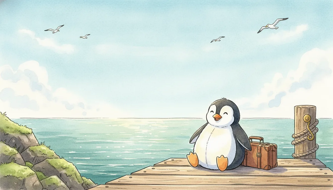 Plüsch-Pinguin sitzt mit einem kleinen Koffer auf einem Steg, Aquarell-Illustration