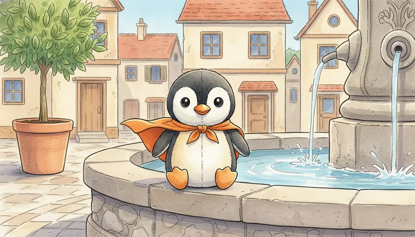 Plüsch-Pinguin mit einfarbig orangefarbenem Stoffumhang sitzt am Rand eines sonnigen Brunnens auf einem Stadtplatz, Aquarell-Illustration
