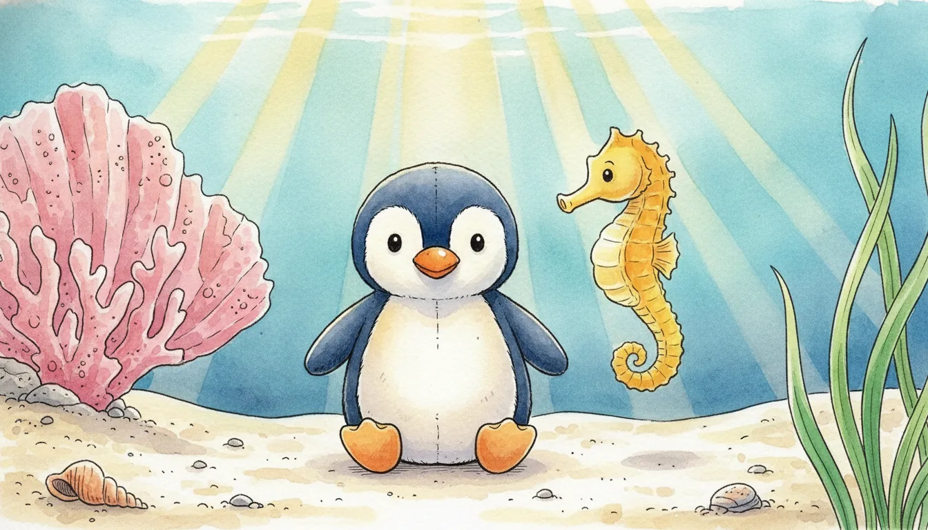Plüsch-Pinguin sitzt auf hellem Sandboden neben einem Seepferdchen, Aquarell-Illustration