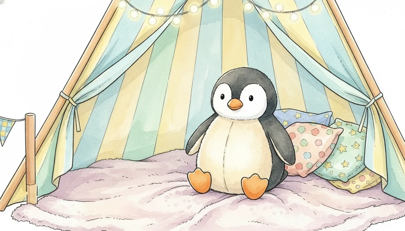 Plüsch-Pinguin sitzt in einem Spielzelt aus Stoff, Aquarell-Illustration