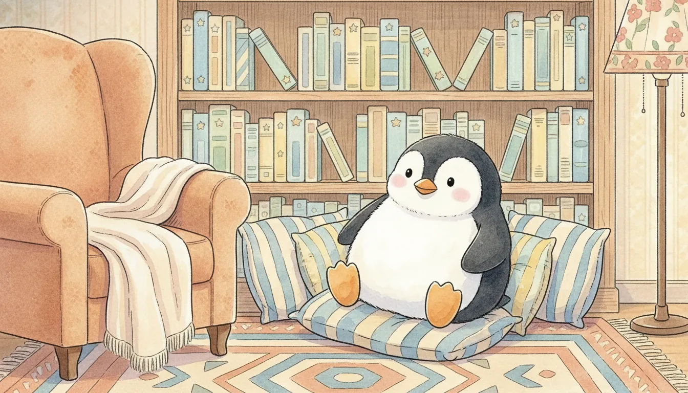 Plüsch-Pinguin sitzt zwischen weichen Kissen in einer gemütlichen Leseecke, Aquarell-Illustration