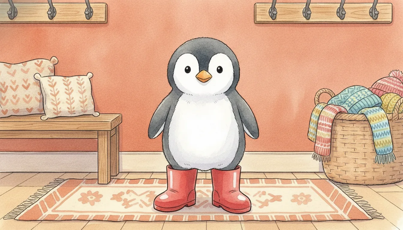 Plüsch-Pinguin als Held einer Aquarell-Illustration