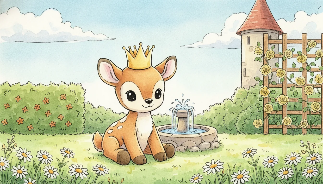 Plüsch-Reh mit Stoffkrone sitzt im blühenden Burggarten neben einem kleinen Brunnen, Aquarell-Illustration