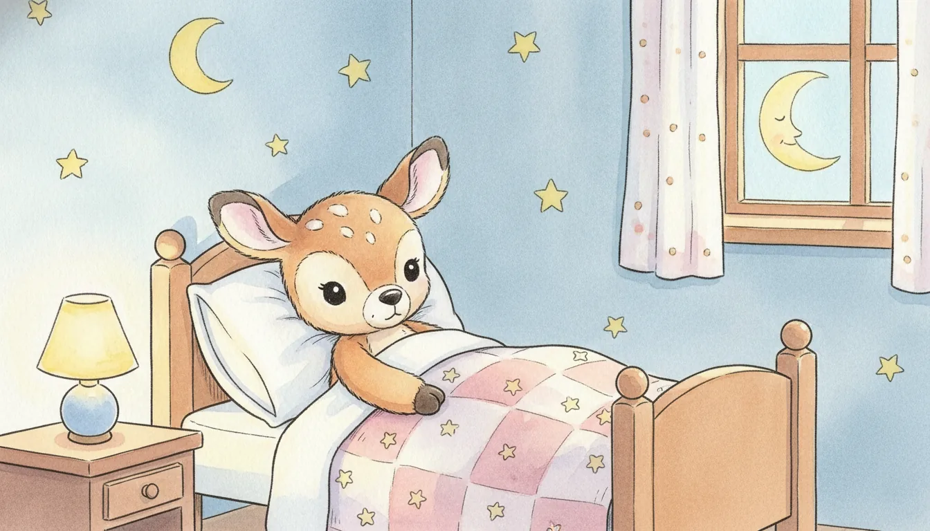 Plüsch-Reh liegt zufrieden in einem eigenen kleinen Bett unter einer Sternchendecke, Aquarell-Illustration