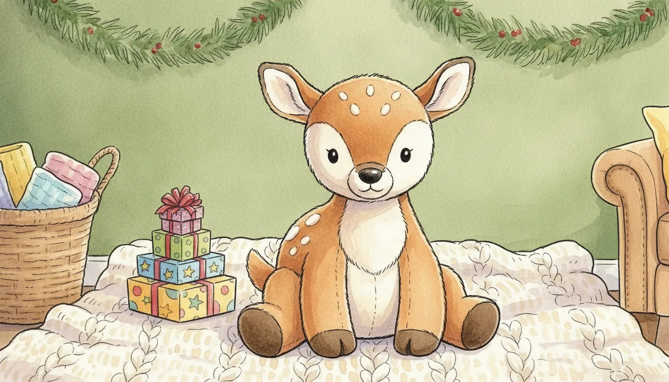 Plüsch-Reh sitzt auf einer gestrickten Decke neben einem Stapel bunter Päckchen, Aquarell-Illustration