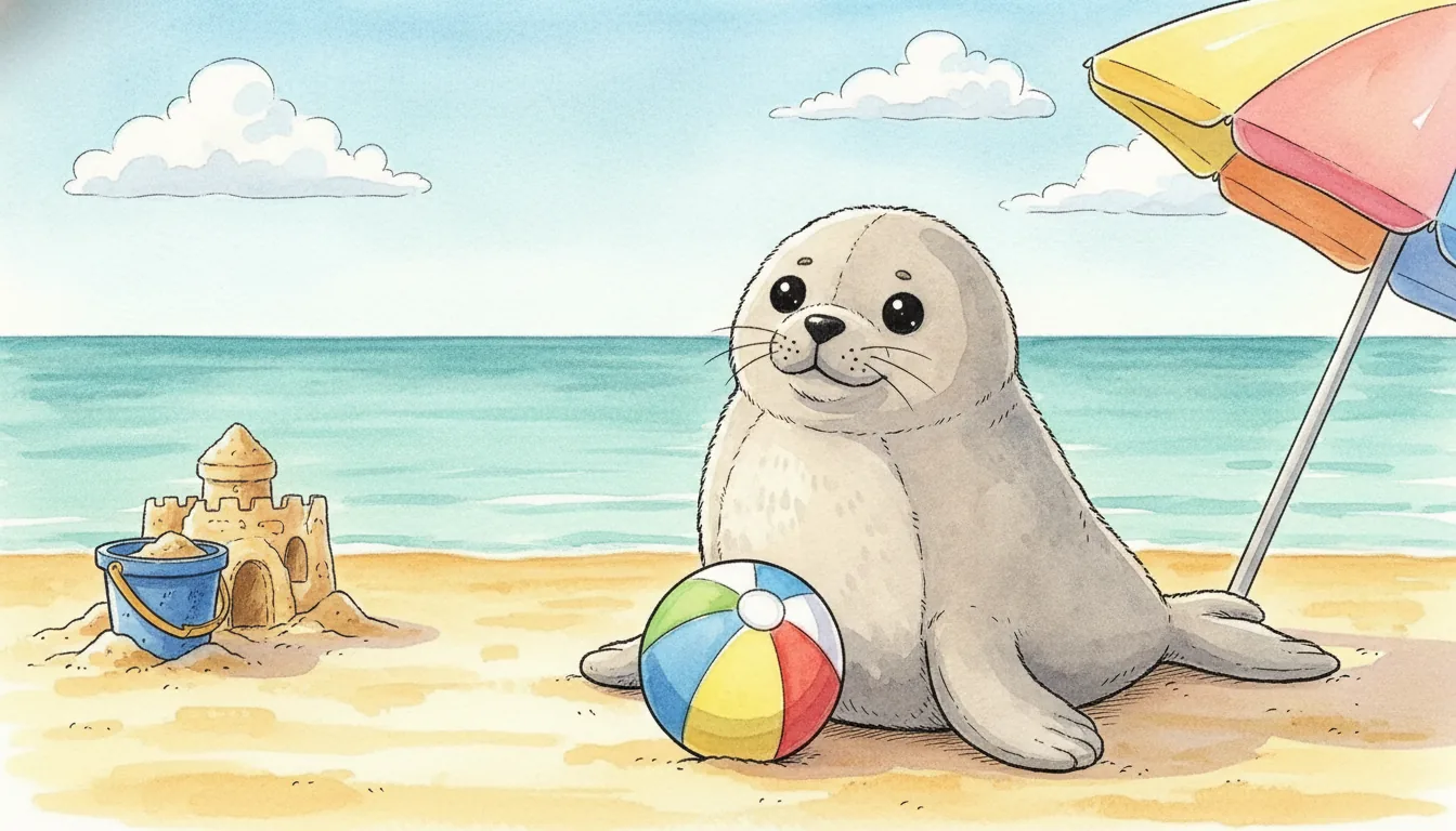 Plüsch-Robbe sitzt mit einem bunten Ball an einem sonnigen Strand, Aquarell-Illustration