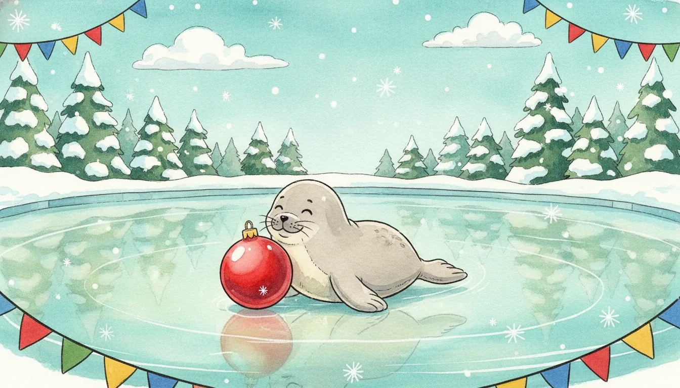 Plüschrobbe rutscht über eine Eisfläche und schiebt eine rote Weihnachtskugel, Aquarell-Illustration