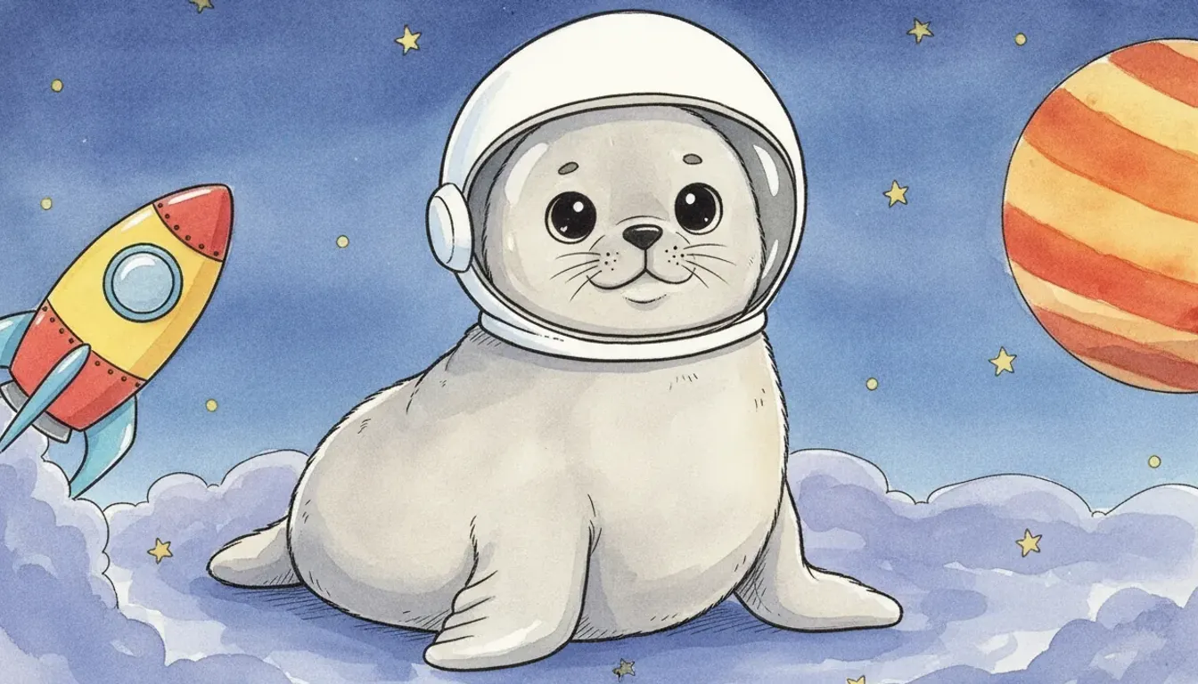 Plüsch-Robbe im Astronautenhelm schwebt neben einer freundlichen Rakete zwischen bunten Planeten, Aquarell-Illustration