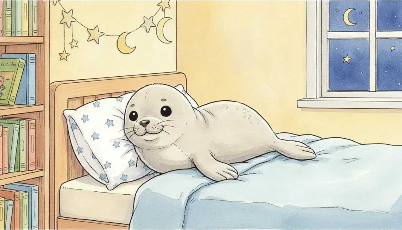 Plüsch-Robbe kuschelt sich mutig in ein weiches Bett am Fenster, Aquarell-Illustration