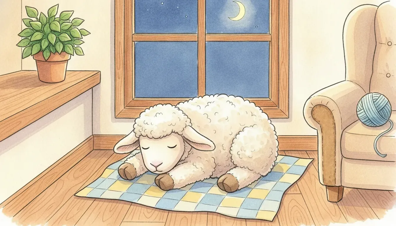 Plüsch-Schaf liegt zusammengerollt auf einer Decke am Fenster, Aquarell-Illustration