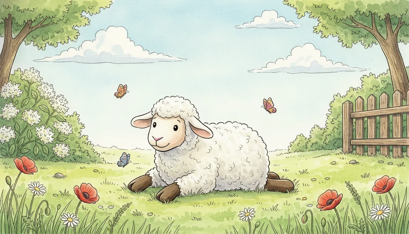 Plüsch-Schaf liegt auf einer Blumenwiese, Aquarell-Illustration