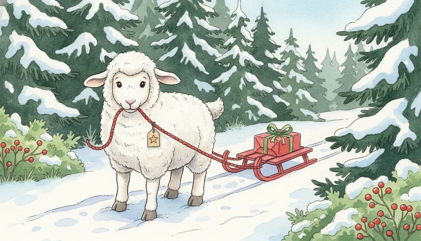 Plüschschaf zieht einen Holzschlitten an einer Kordel im Maul durch einen verschneiten Wald, Aquarell-Illustration