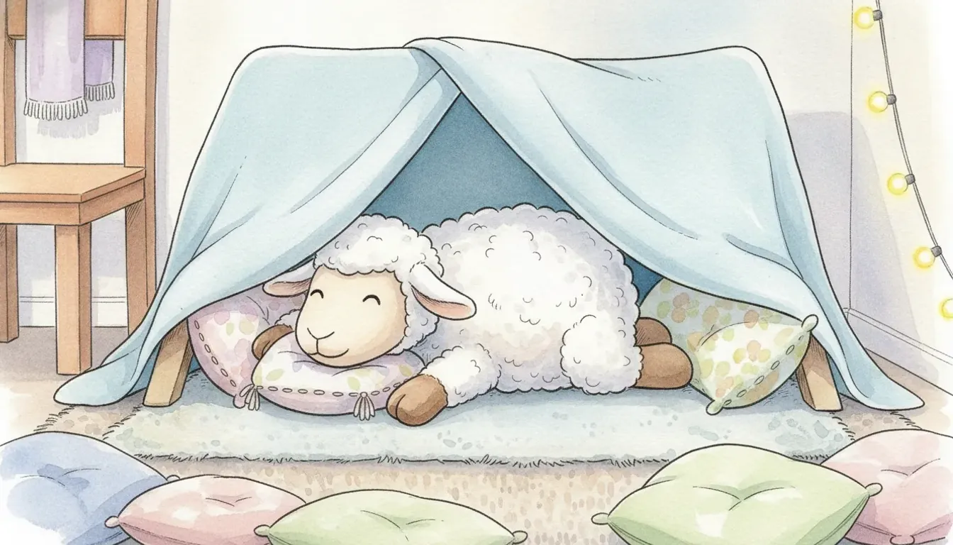 Weißes Plüsch-Schaf liegt in einer Kuschelhöhle aus Decken, Aquarell-Illustration