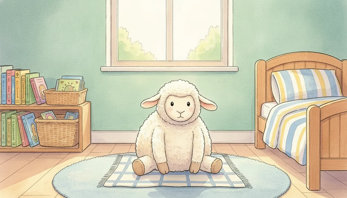 Plüsch-Schaf als Aquarell-Held auf einer Kuscheldecke in einem hellen Kinderzimmer