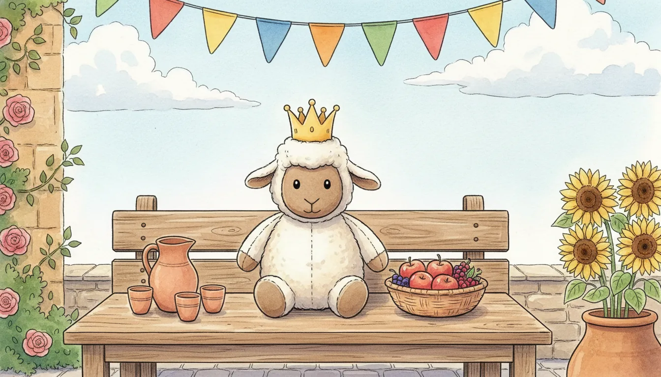 Plüsch-Schaf mit Stoffkrone sitzt an einer festlich gedeckten Tafel im Burghof, Aquarell-Illustration