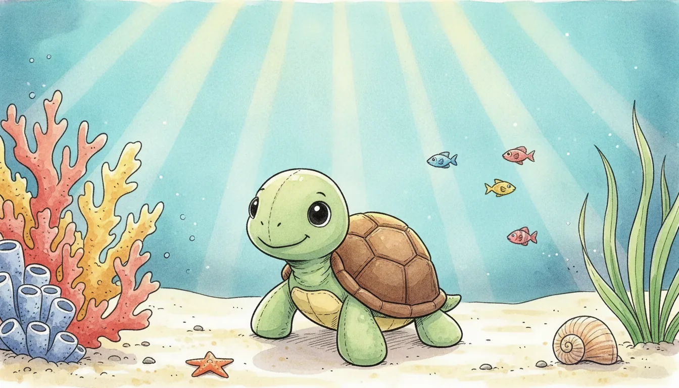 Plüsch-Schildkröte sitzt zwischen bunten Korallen auf hellem Sandboden, Aquarell-Illustration