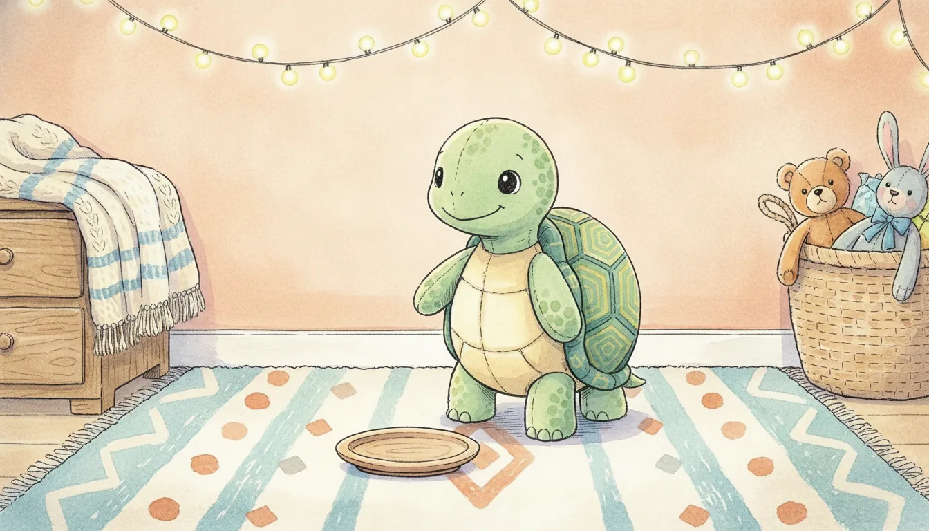 Plüsch-Schildkröte als Aquarell-Held auf einem weichen Bettvorleger im Abendlicht