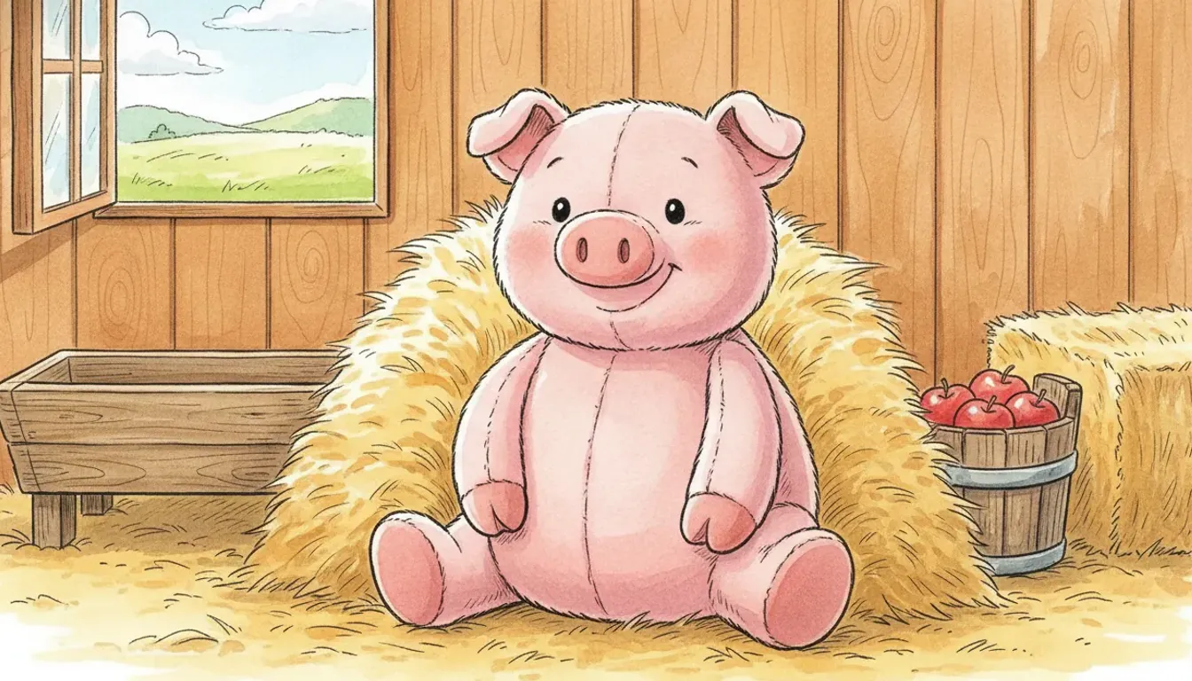 Plüsch-Schweinchen sitzt im Heu vor einer Futterkrippe, daneben ein Eimer mit Äpfeln, Aquarell-Illustration