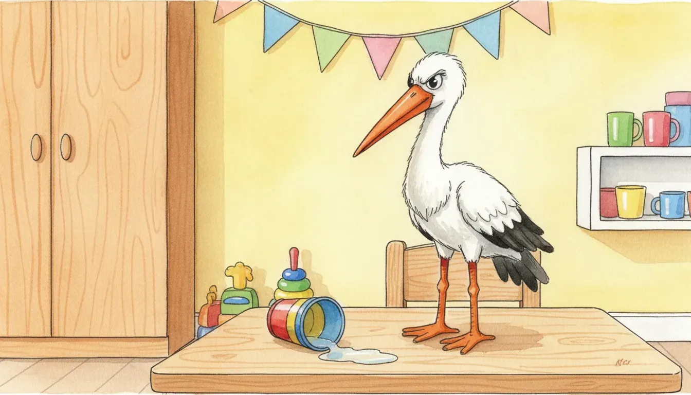 Plüsch-Storch als Held einer Aquarell-Illustration