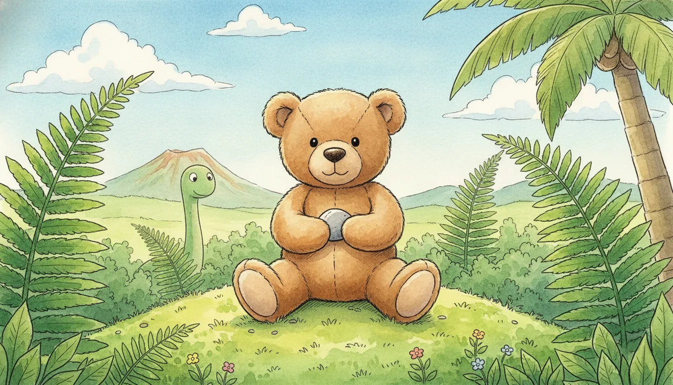 Brauner Teddybär sitzt auf einem Farnhügel in einer Urzeitlandschaft, Aquarell-Illustration