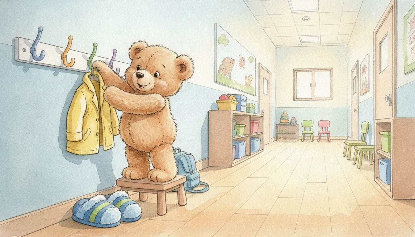 Teddybär hängt seine Jacke an die Garderobe im Kindergarten, Aquarell-Illustration