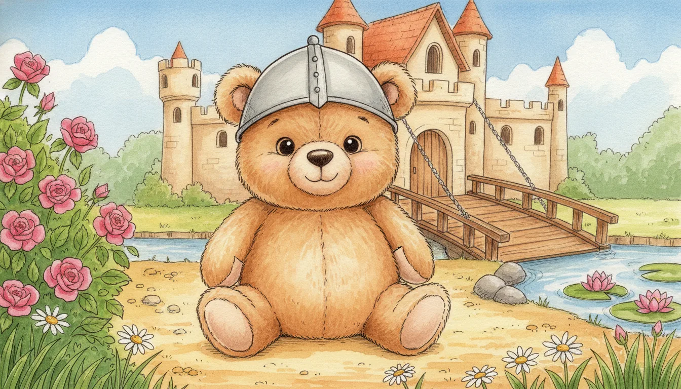 Plüsch-Teddybär mit silbergrauem Spielzeughelm sitzt vor der offenen Zugbrücke einer freundlichen Burg, Aquarell-Illustration