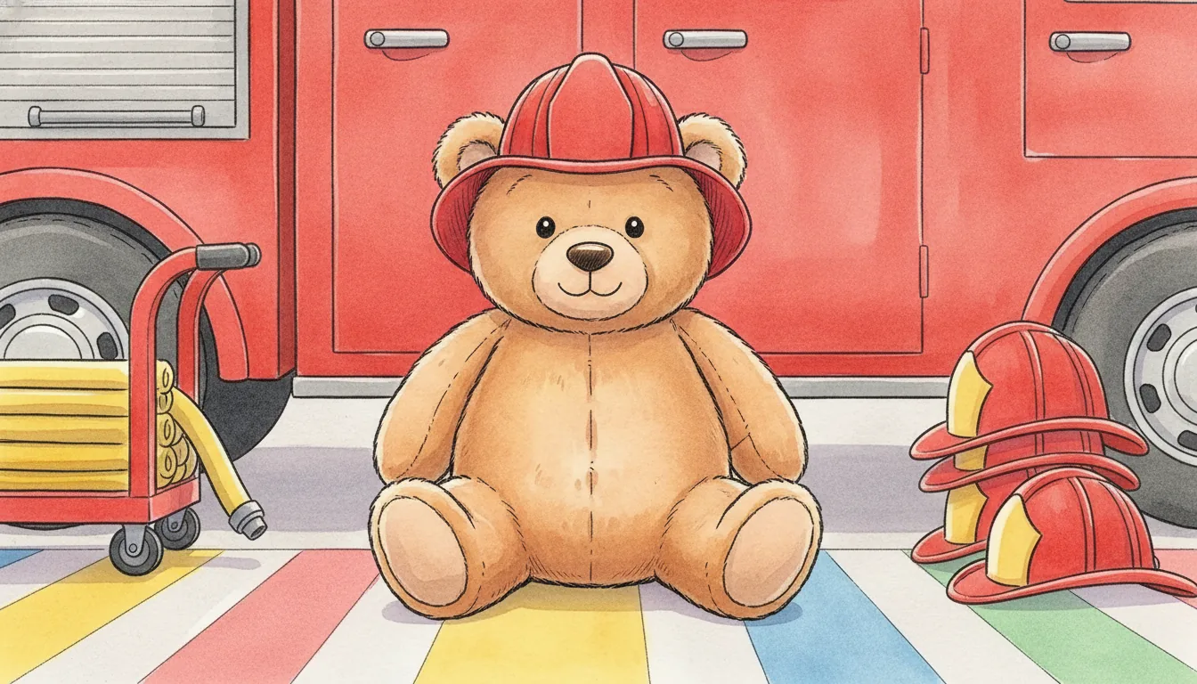 Plüsch-Teddybär mit rotem Helm sitzt vor einem Feuerwehrauto, Aquarell-Illustration