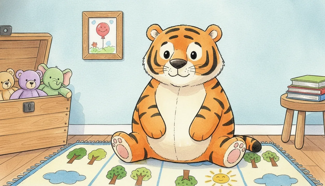 Plüsch-Tiger als Aquarell-Held sitzend auf einem Spielteppich