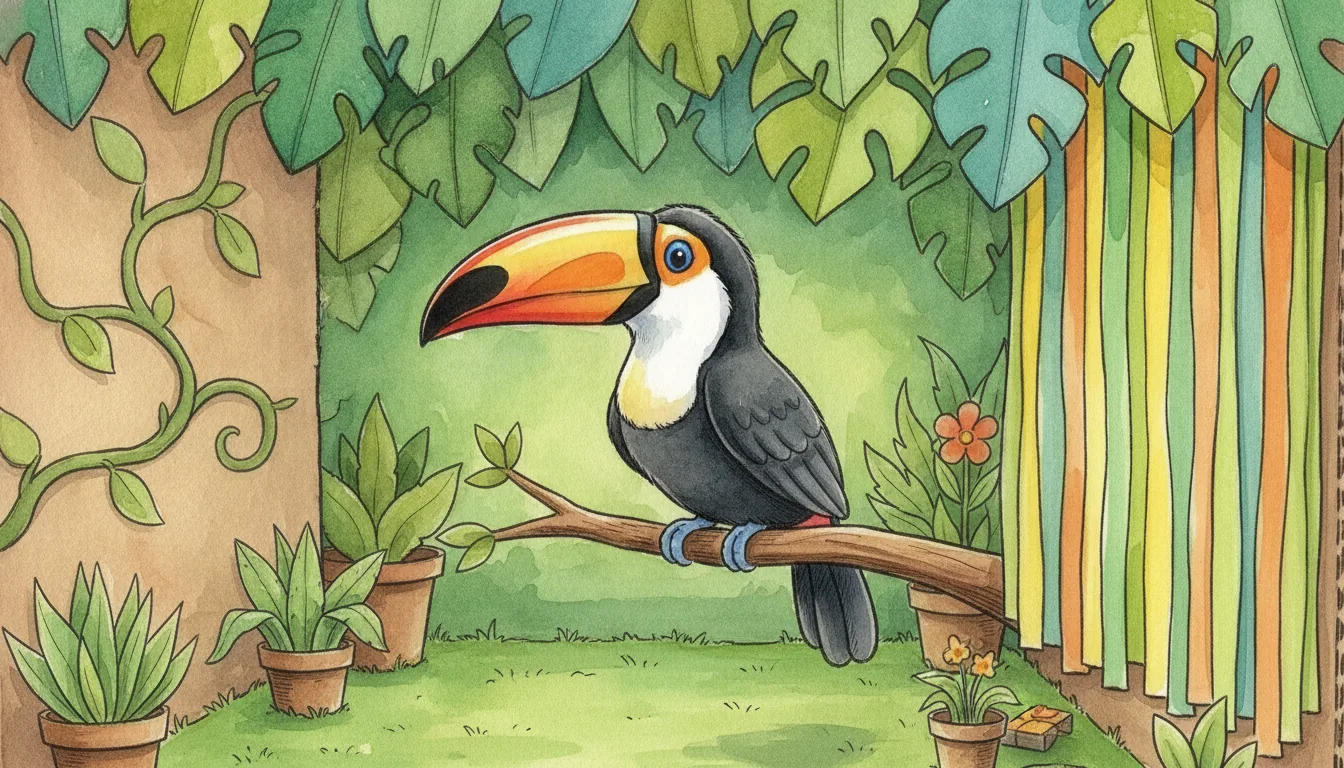 Plüsch-Tukan als Held einer Aquarell-Illustration