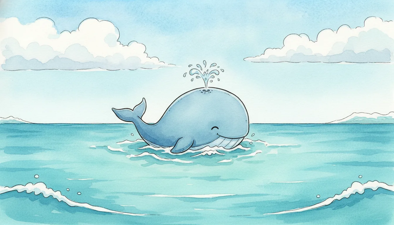Plüsch-Wal als Aquarell-Held, der auf sanften Wellen im Meer schwimmt