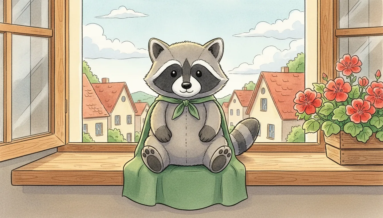 Plüsch-Waschbär mit einfarbig moosgrünem Stoffumhang sitzt auf einer breiten Fensterbank über einer sonnigen Straße, Aquarell-Illustration